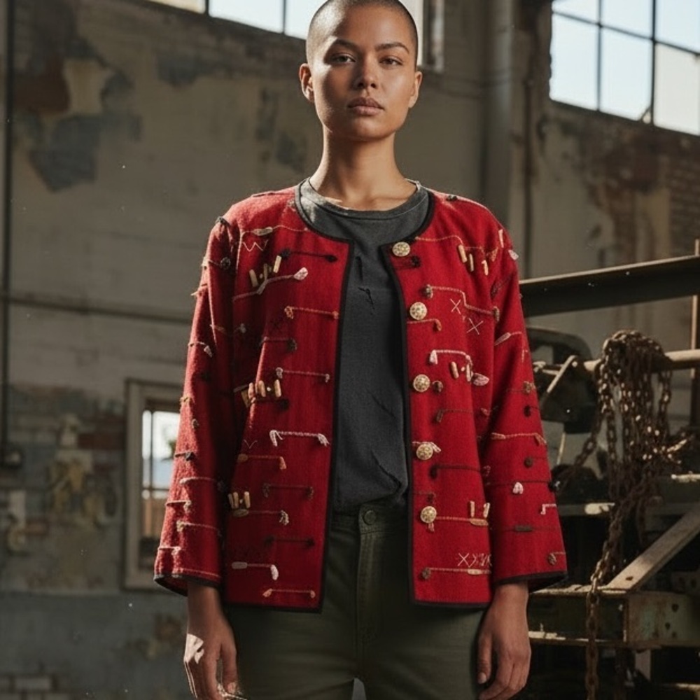 Embroidered Red Button-Front Blazer Jacket